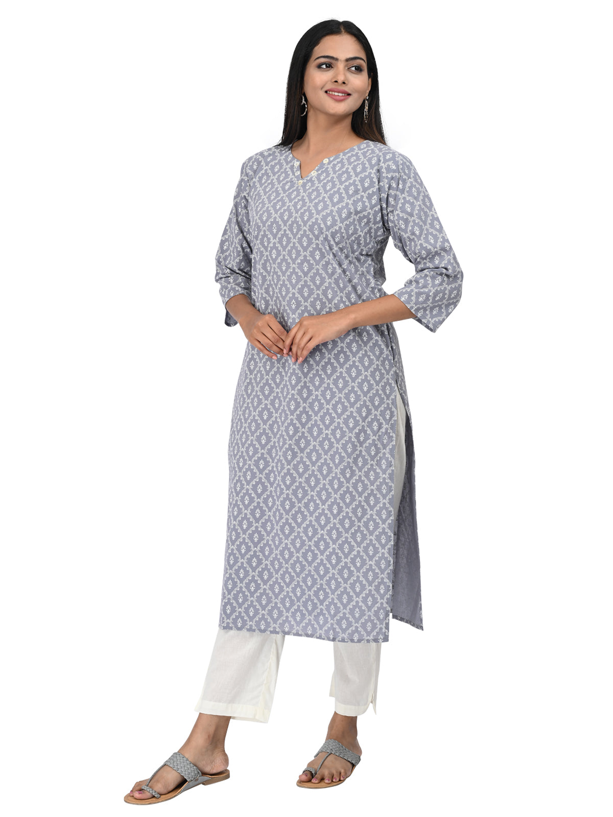 Grey & White Printed Straight Kurti