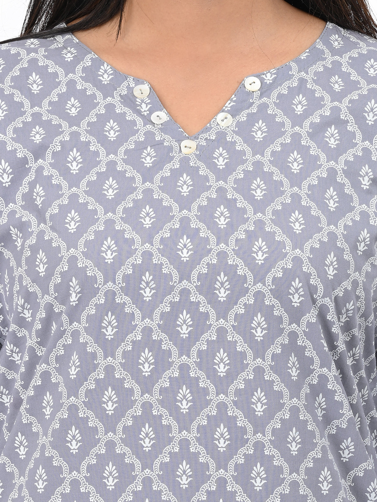 Grey & White Printed Straight Kurti