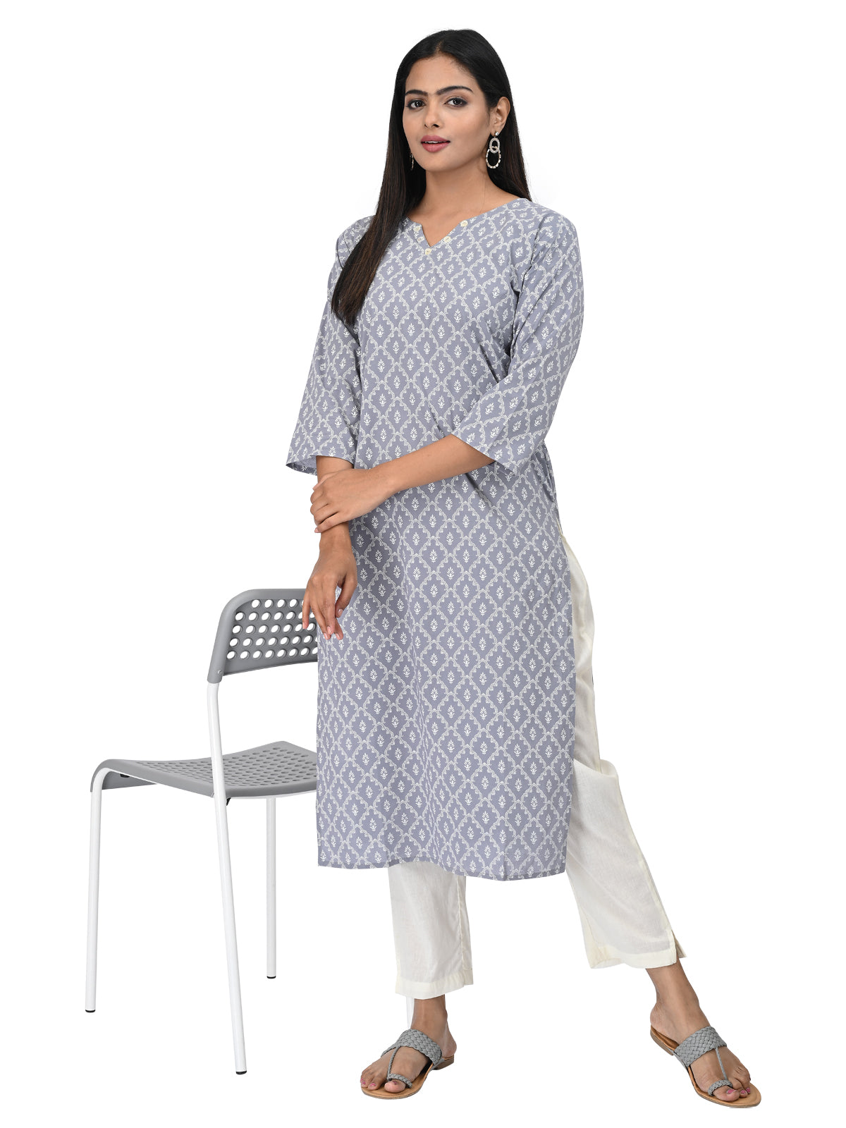 Grey & White Printed Straight Kurti