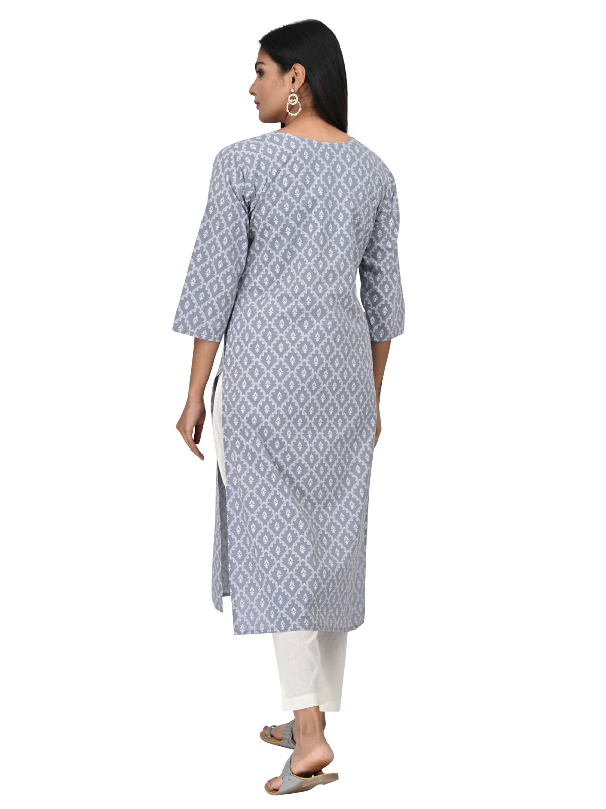 Grey & White Printed Straight Kurti