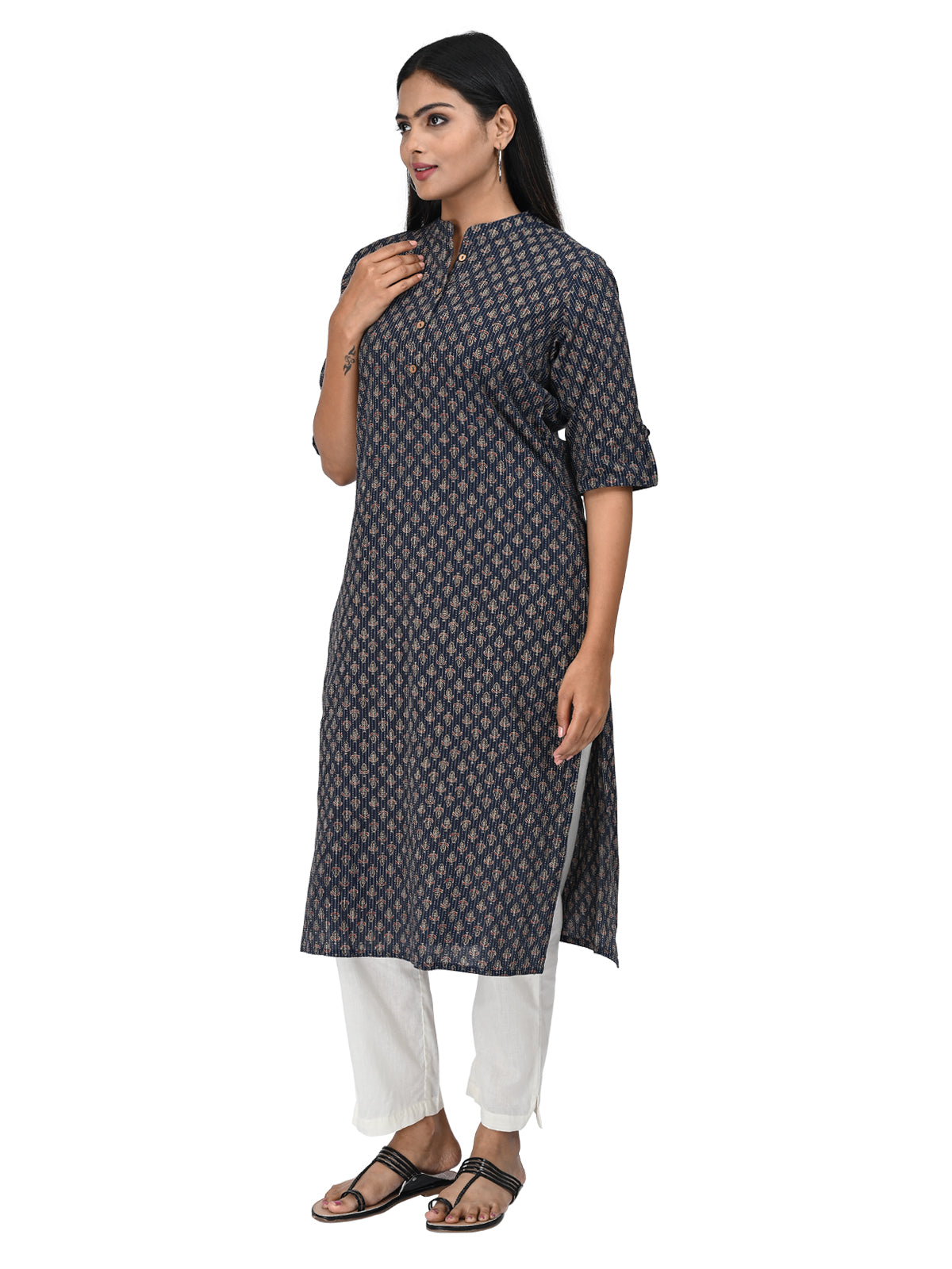 Navy Blue Printed Straight Kurti