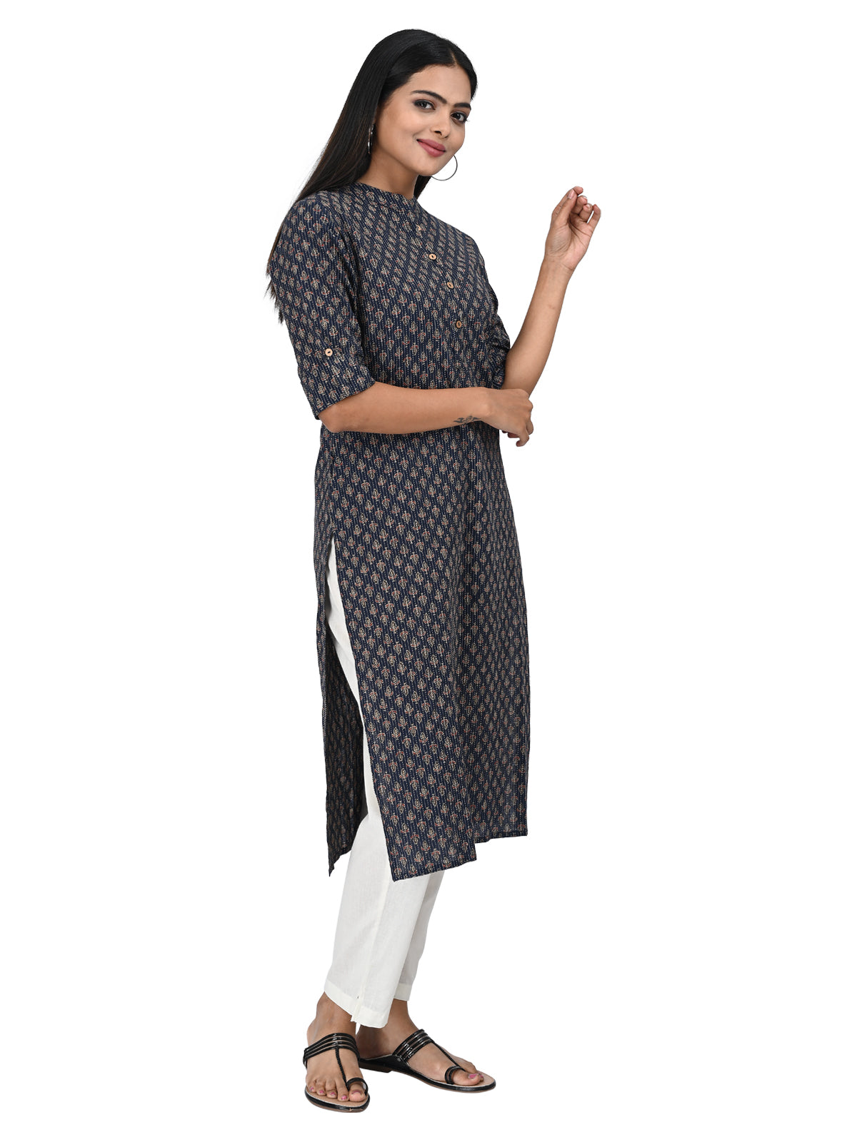 Navy Blue Printed Straight Kurti