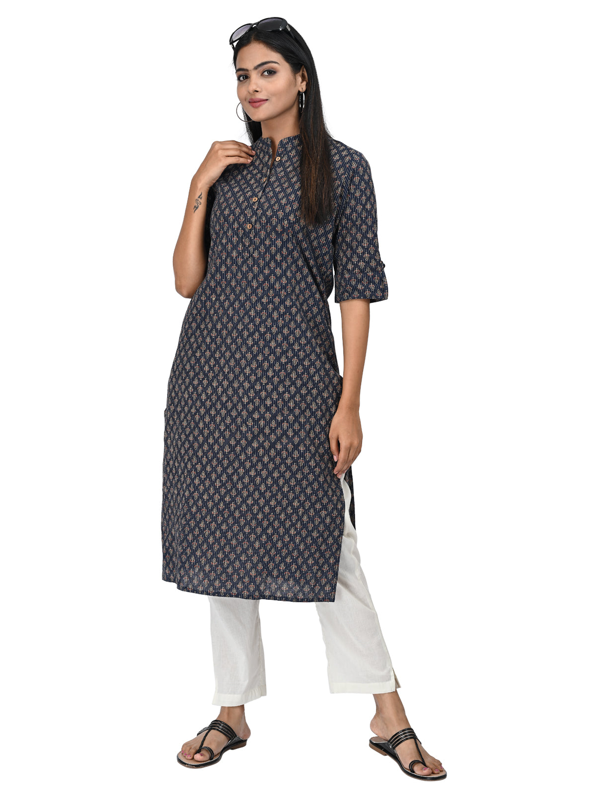 Navy Blue Printed Straight Kurti