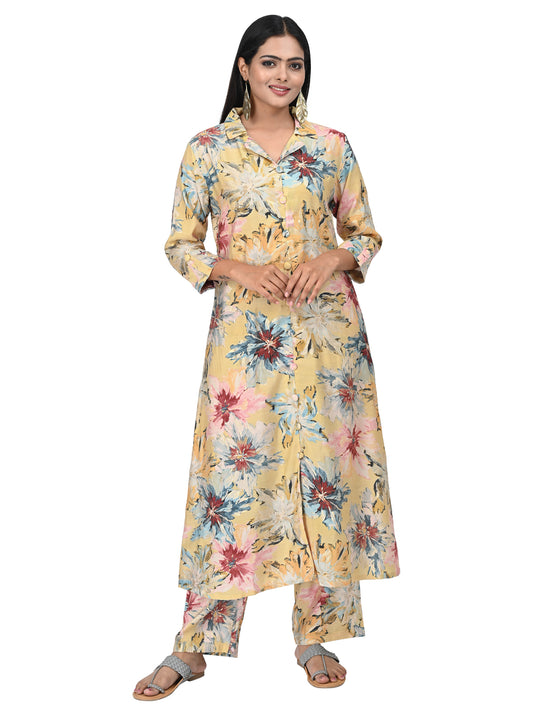 Yellow Floral Printed Long Kurta Co-ord Set