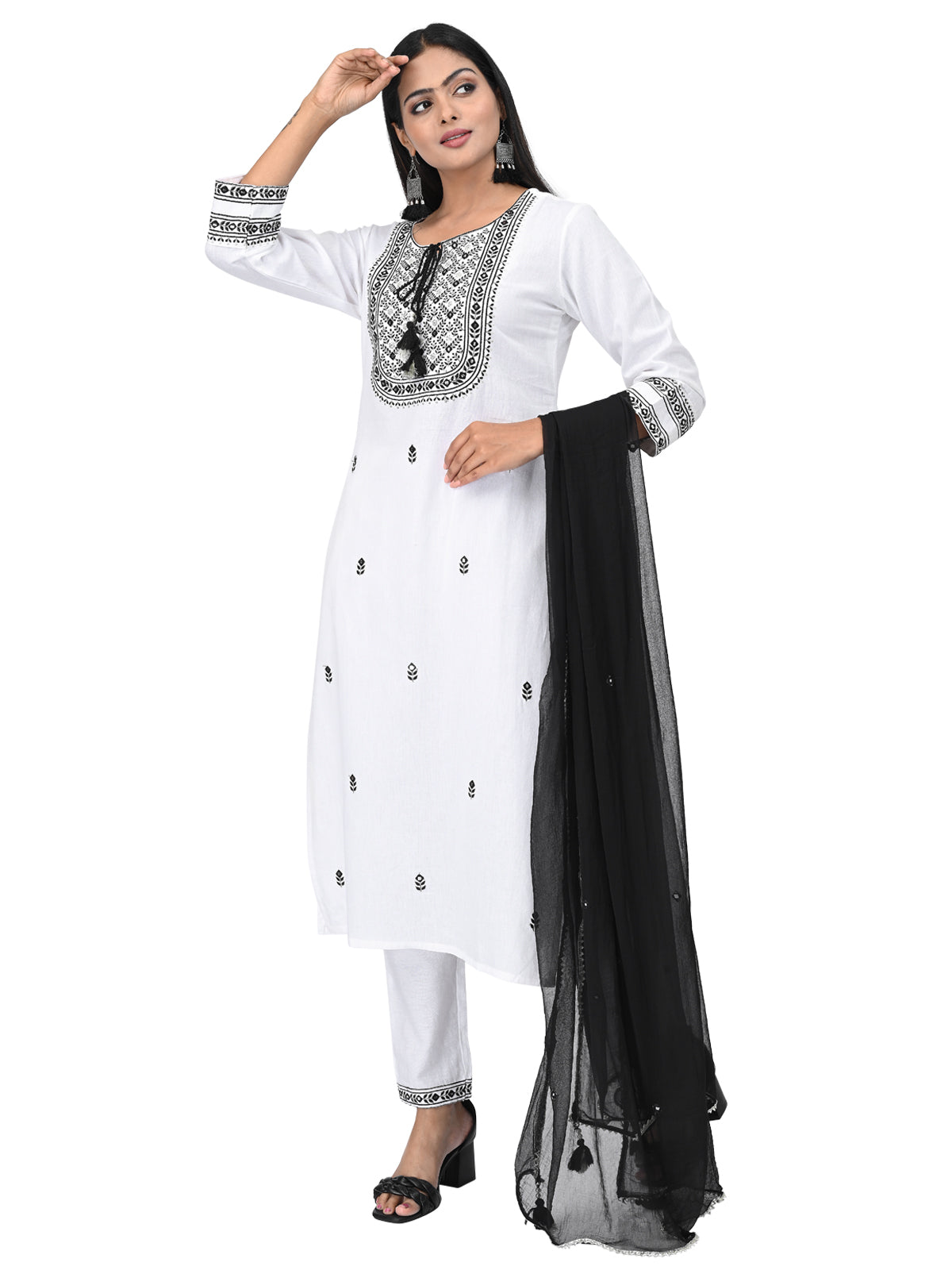 Elegant White & Black Embroidered Kurta Set