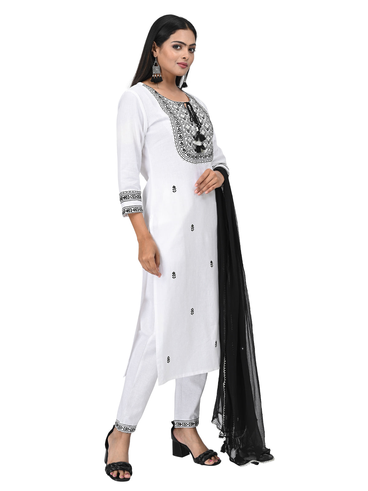 Elegant White & Black Embroidered Kurta Set