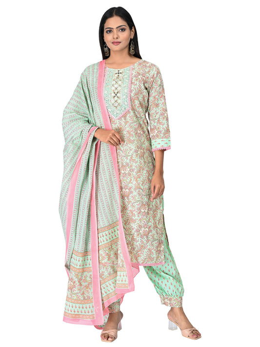 Pastel Green & Pink Printed Kurta Set with Dupatta