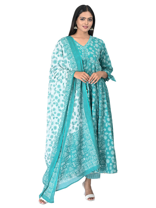 Refreshing Aqua Blue Printed Anarkali Set with Dupatta