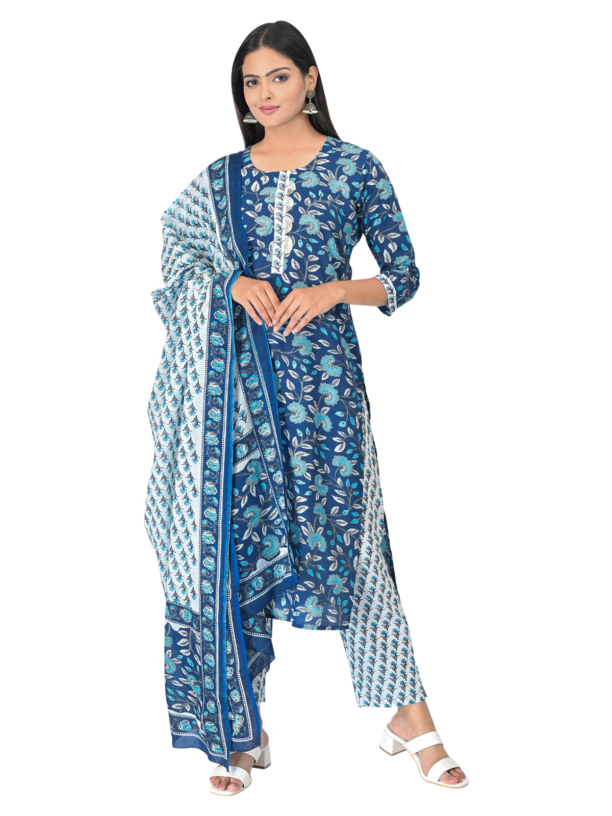 Blue Floral Printed Kurta Set with Dupatta