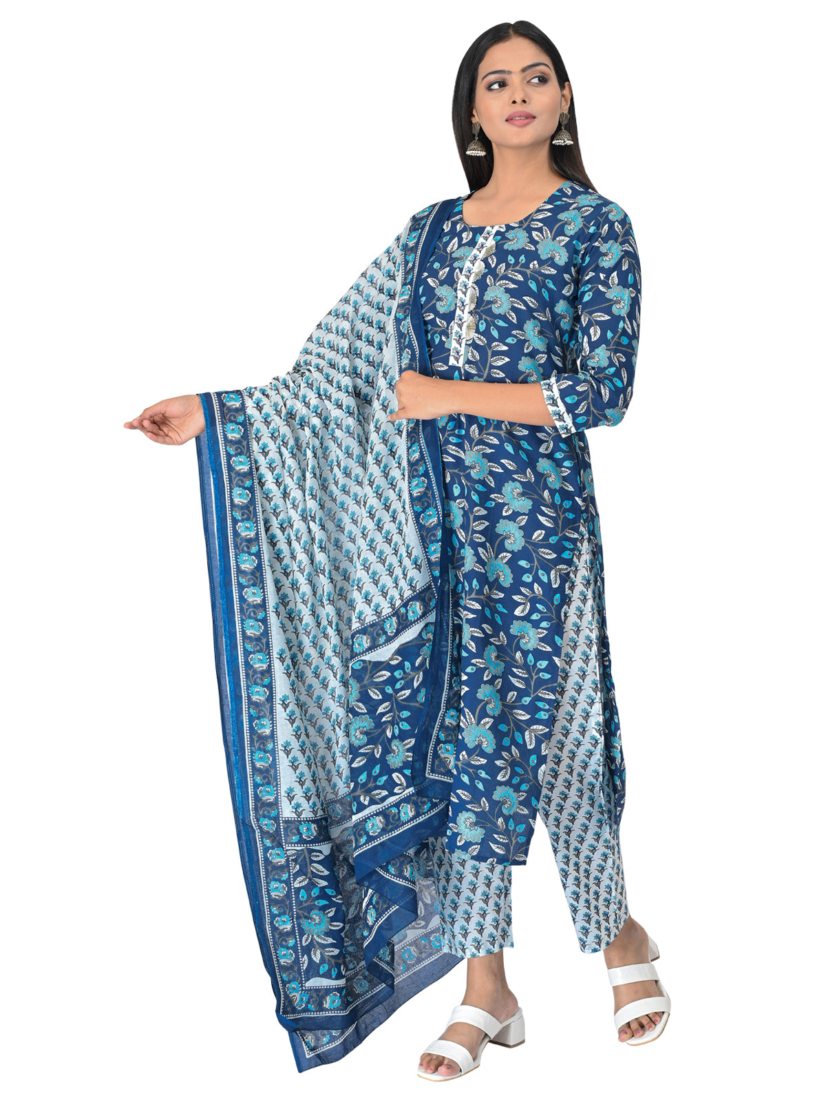 Blue Floral Printed Kurta Set with Dupatta