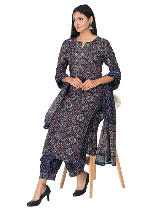 Elegant Navy Blue Printed Kurta Set with Dupatta