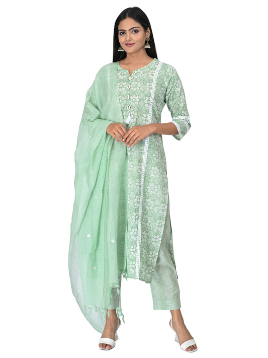 Pastel Green Floral Embroidered Kurta Set with Dupatta