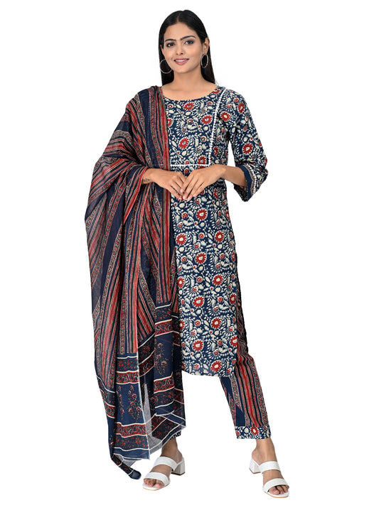 Navy Blue & Red Floral Printed Kurta Set with Dupatta