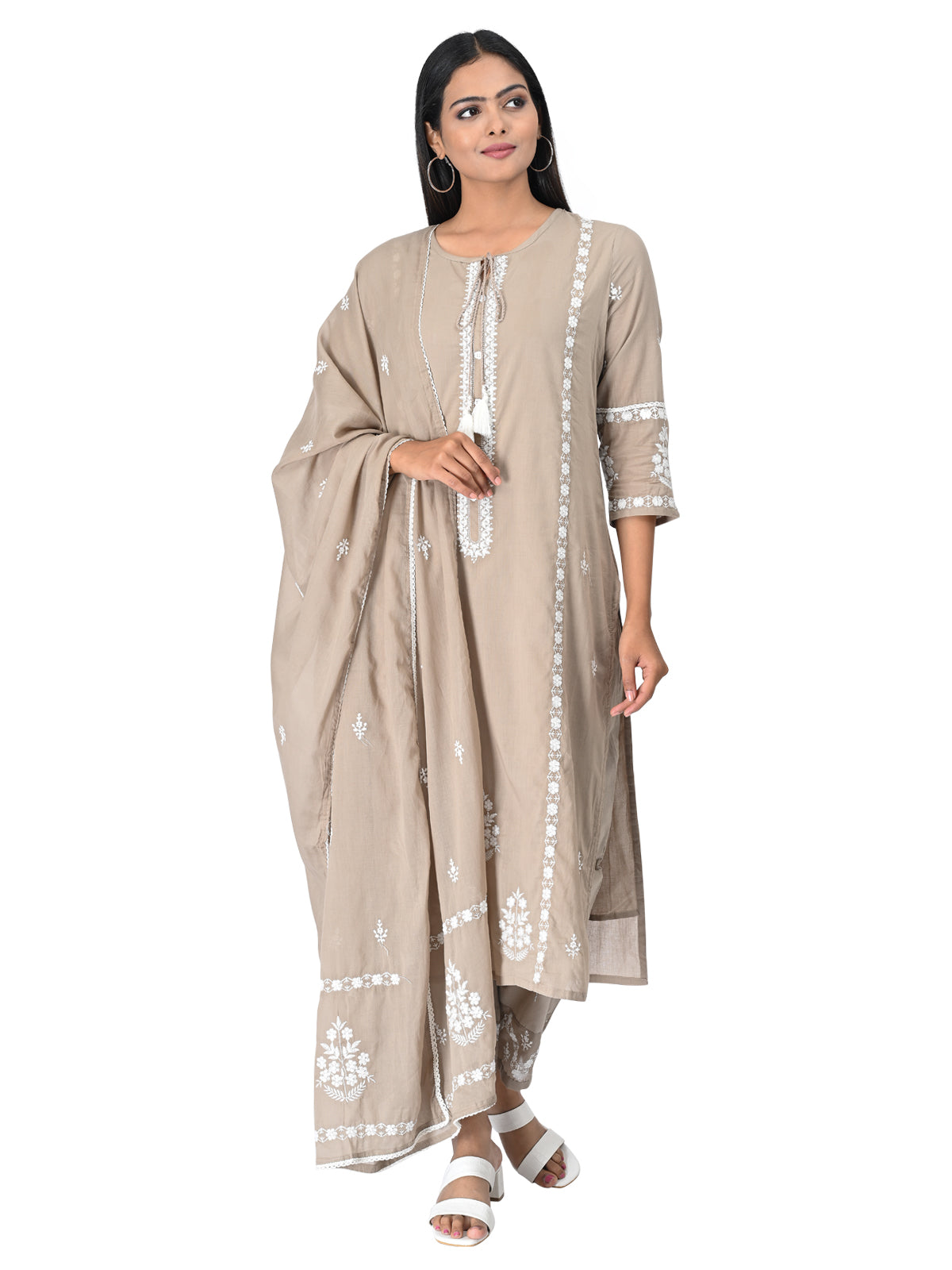 Beige Embroidered Cotton Kurta Set with Dupatta
