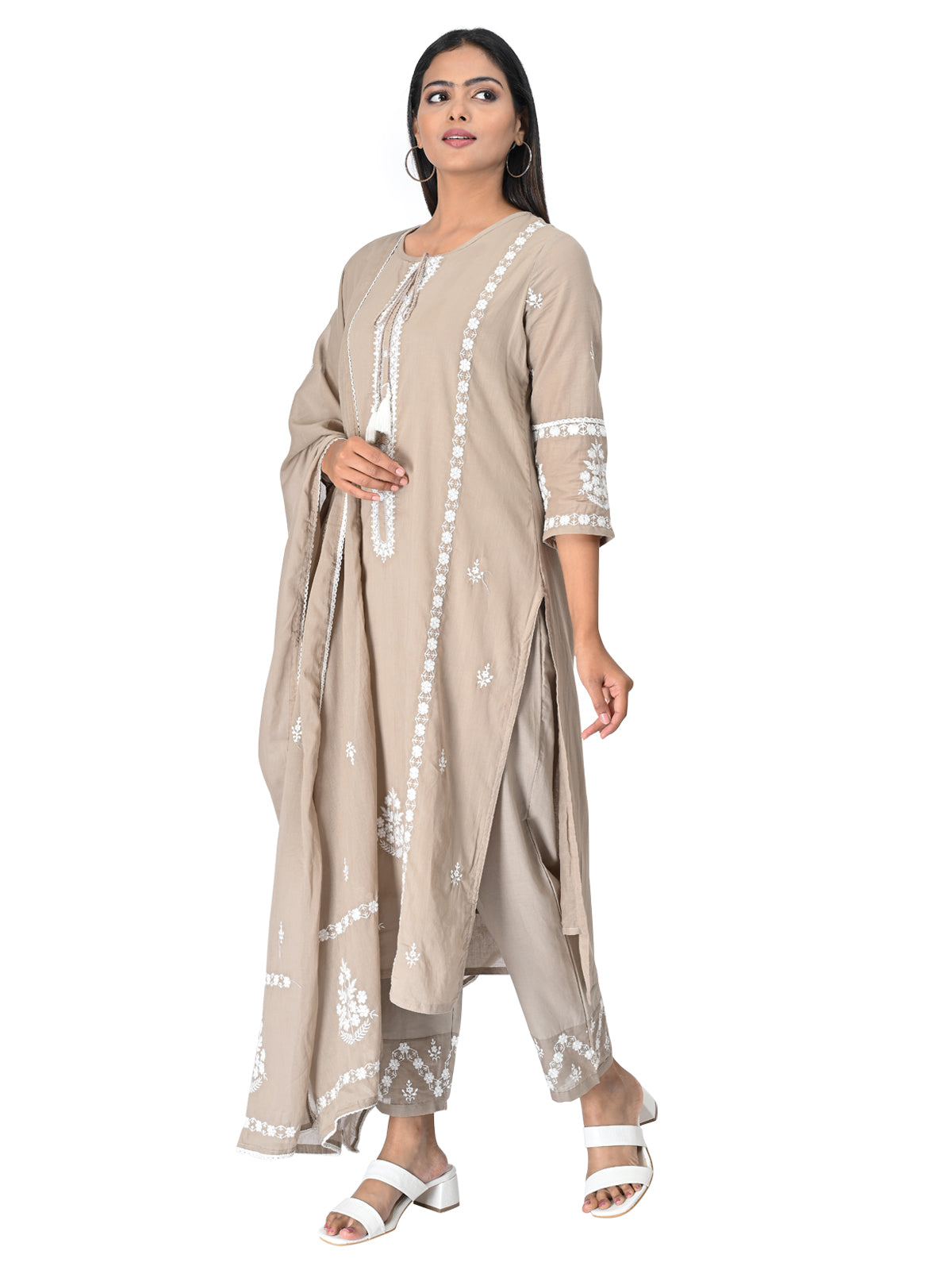 Beige Embroidered Cotton Kurta Set with Dupatta