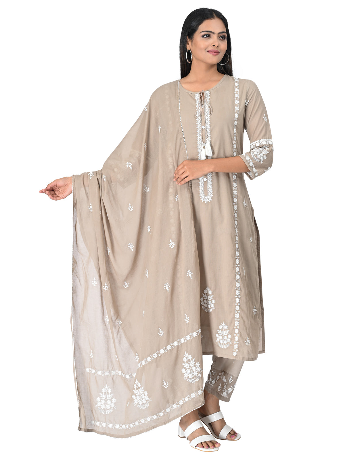 Beige Embroidered Cotton Kurta Set with Dupatta