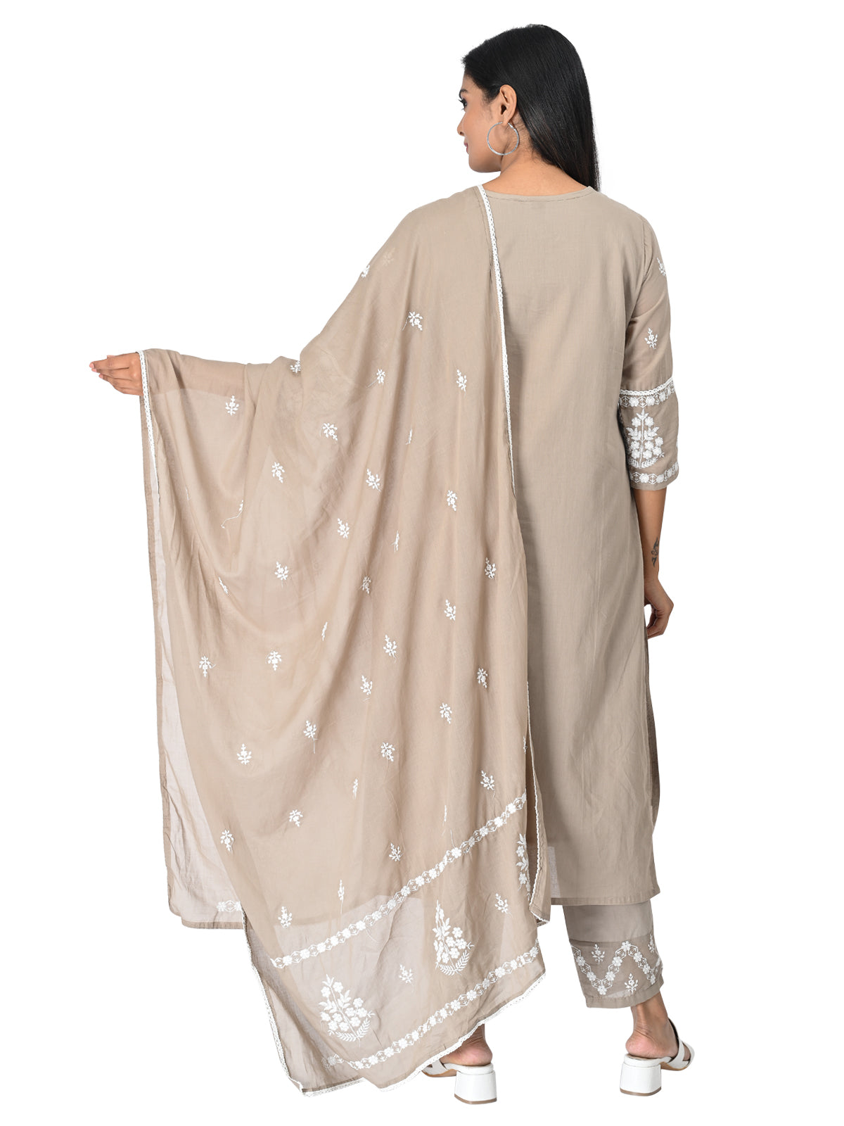 Beige Embroidered Cotton Kurta Set with Dupatta