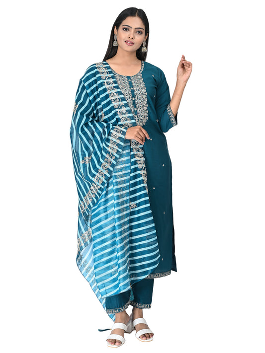 Teal Blue Embroidered Kurta Set with Dupatta
