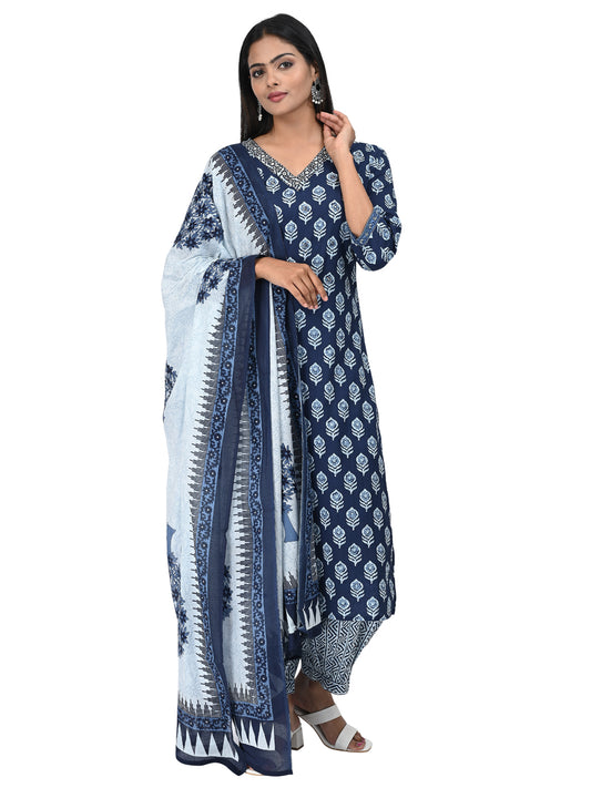 Navy Blue Printed Cotton Kurta Set with Dupatta