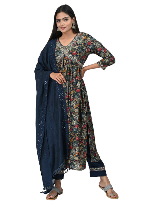Navy Blue Floral Printed Kurta Set with Dupatta
