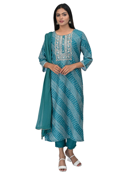 Teal Printed Kurta Set with Embroidered Neckline & Dupatta