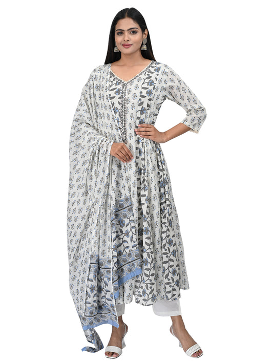 White & Blue Floral Cotton Kurta Set with Dupatta
