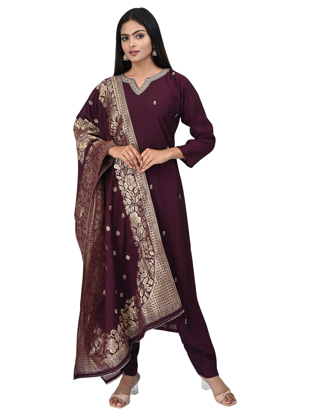 Wine Embroidered Kurta Set with Zari Dupatta