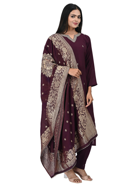 Wine Embroidered Kurta Set with Zari Dupatta