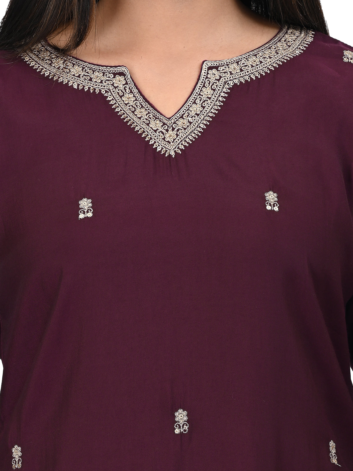 Wine Embroidered Kurta Set with Zari Dupatta