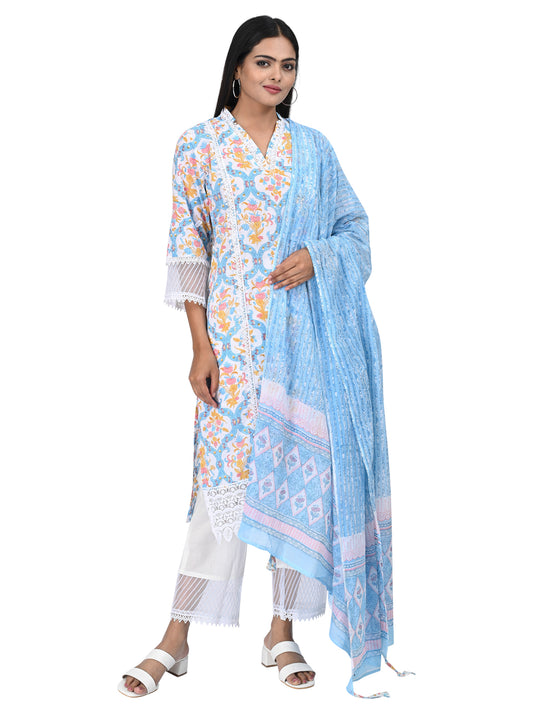 Sky Blue Printed Kurta Set with Lace Detail & Dupatta