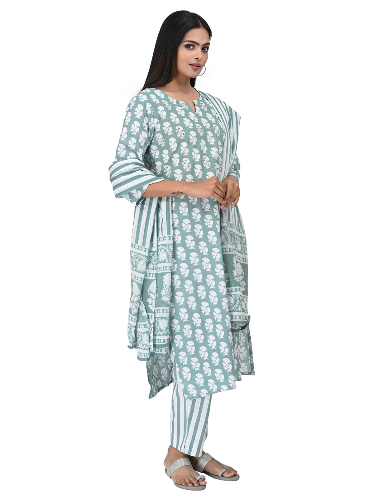 Sage Green Cotton Kurta Set with Stripe Print Dupatta
