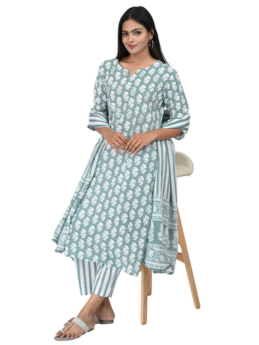 Sage Green Cotton Kurta Set with Stripe Print Dupatta