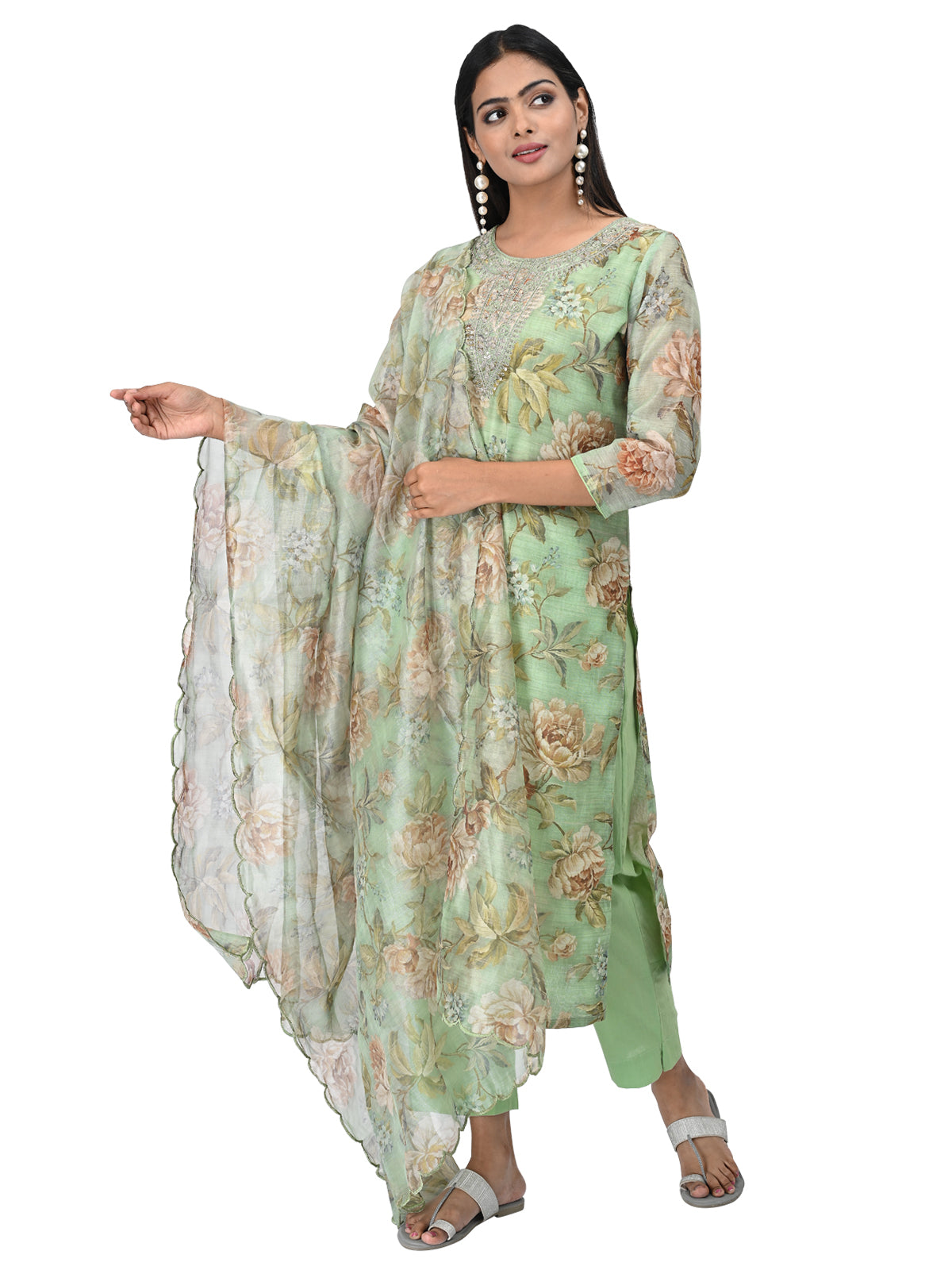 Mint Green Floral Print Suit Set with Embroidered Neckline & Dupatta