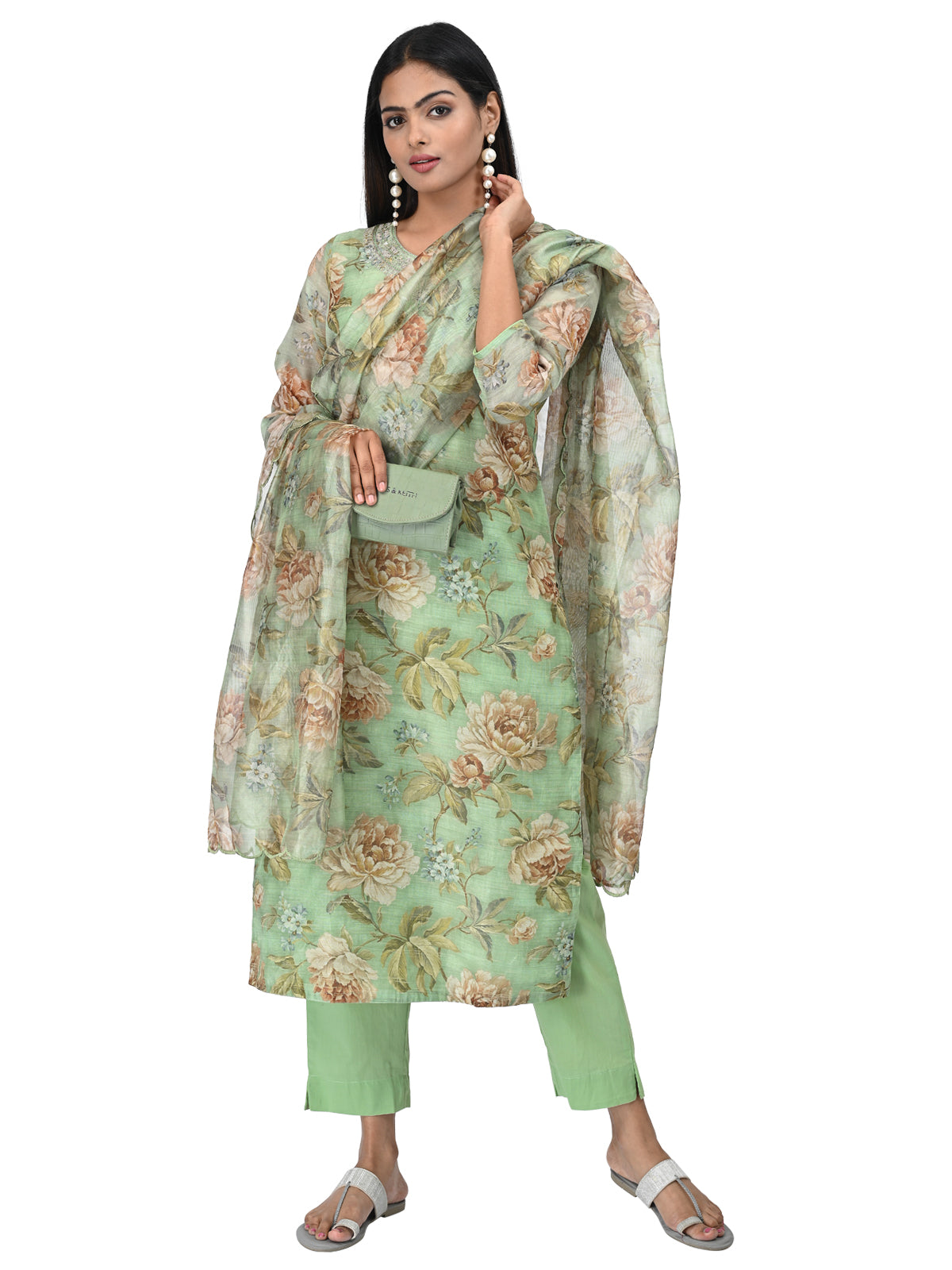 Mint Green Floral Print Suit Set with Embroidered Neckline & Dupatta