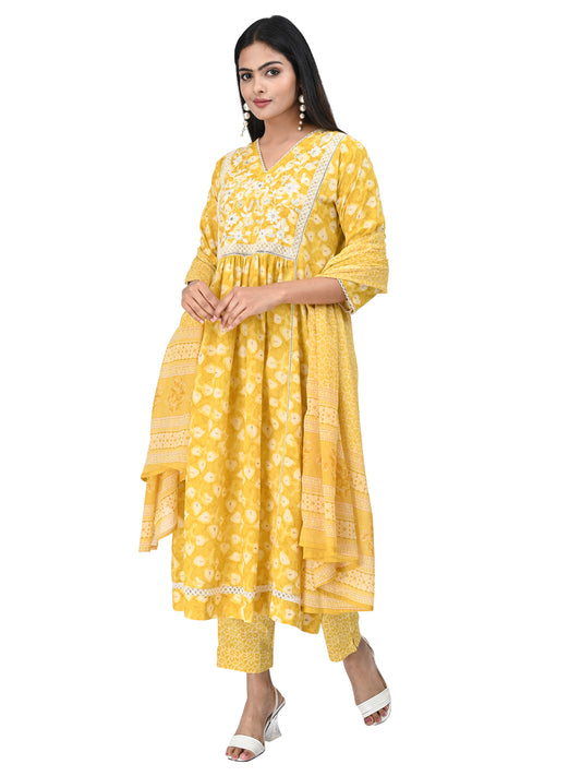 Sunny Yellow Floral Kurta Set with Embroidered Yoke and Printed Dupatta
