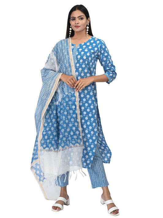 Sky Blue Printed Cotton Kurta Set with Dupatta