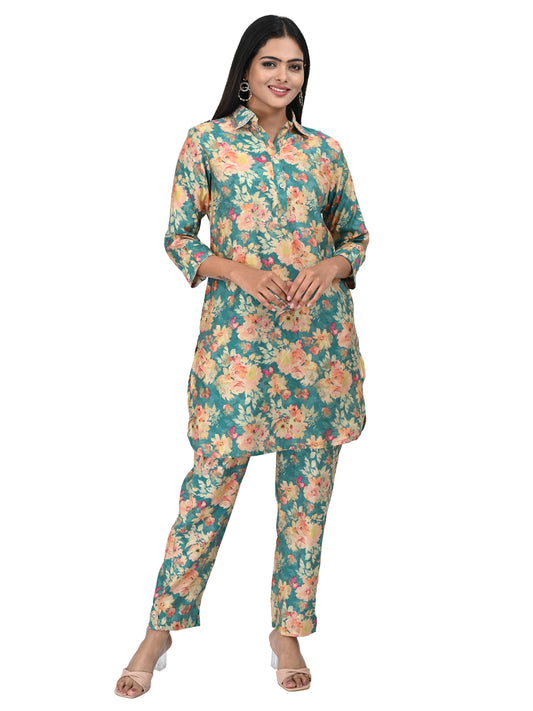 Teal Green Floral Printed Co-ord Set