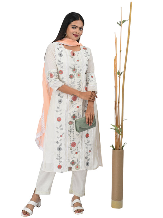 Off-White Embroidered Kurta Set with Peach Dupatta