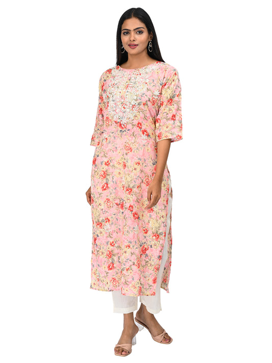 Peach Floral Printed Straight Kurti with Embroidery