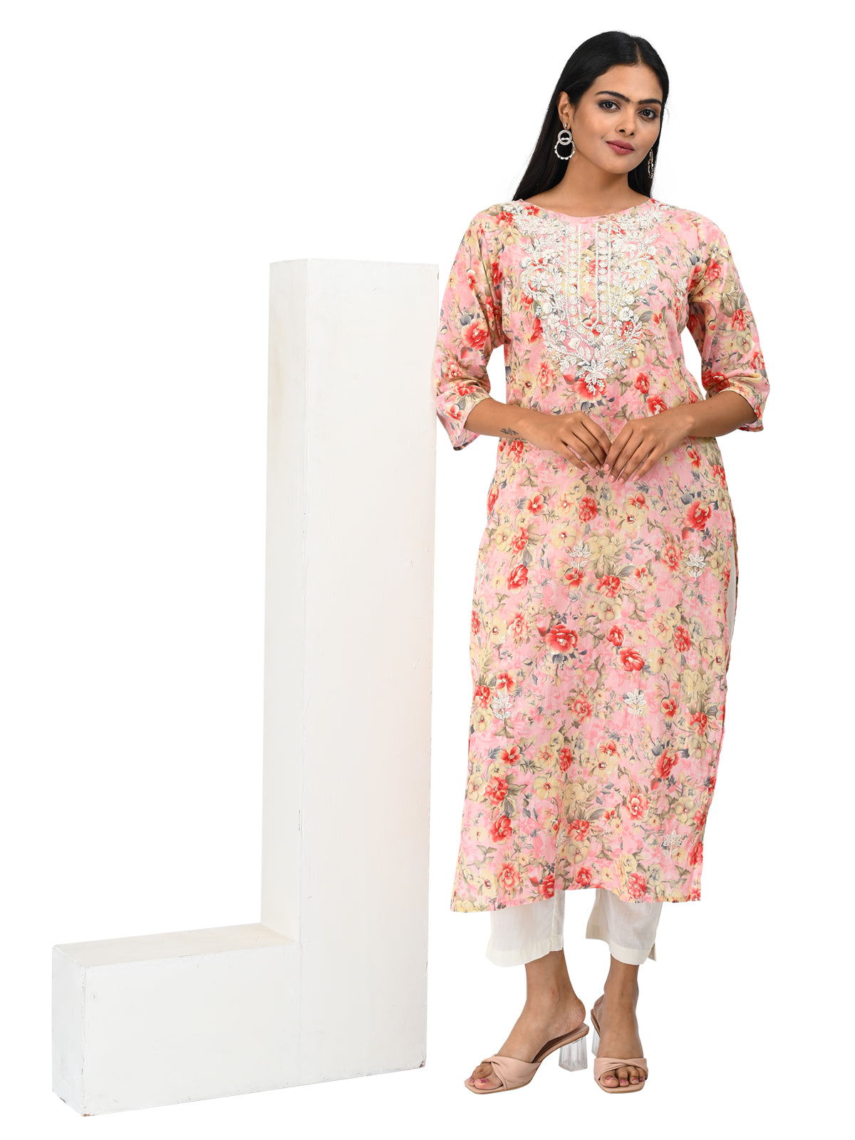 Peach Floral Printed Straight Kurti with Embroidery