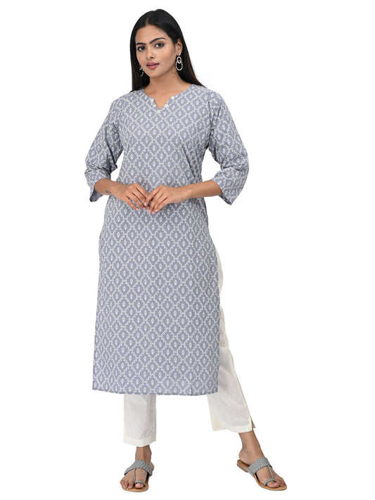 Grey & White Printed Straight Kurti