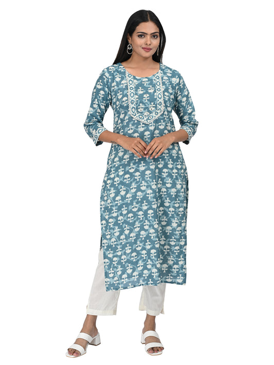 Teal Blue Printed Kurti with Embroidered Yoke