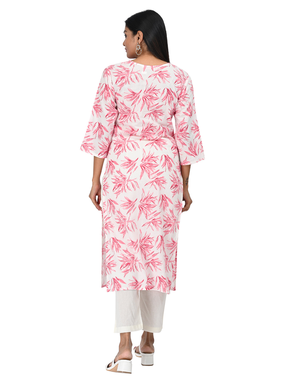 White & Pink Floral Printed Straight Kurti
