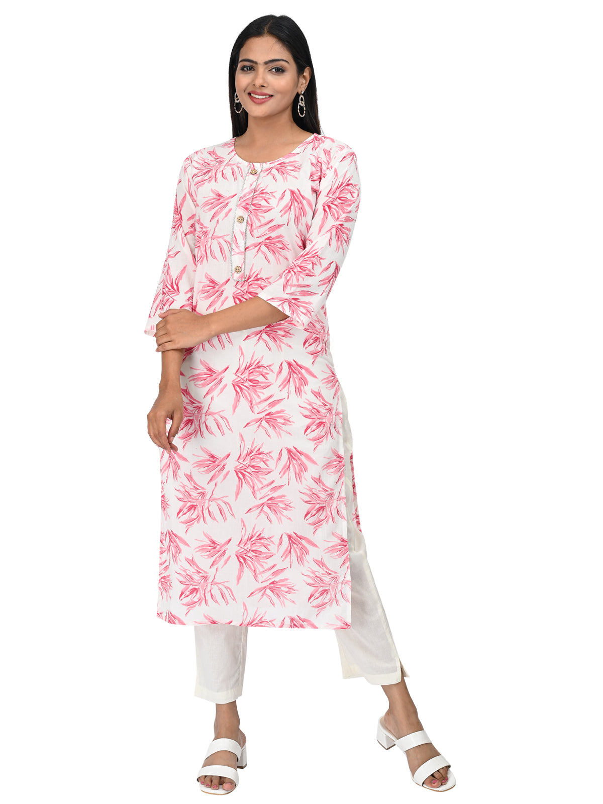 White & Pink Floral Printed Straight Kurti