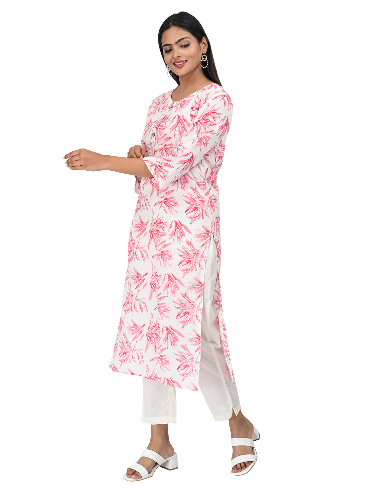 White & Pink Floral Printed Straight Kurti