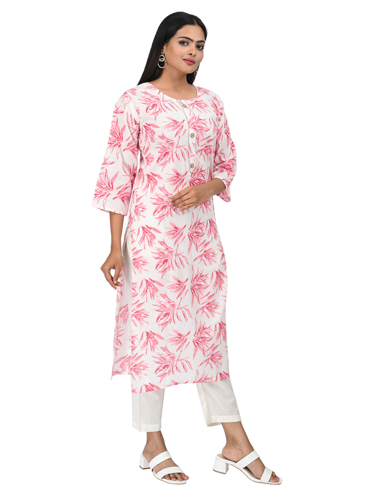 White & Pink Floral Printed Straight Kurti