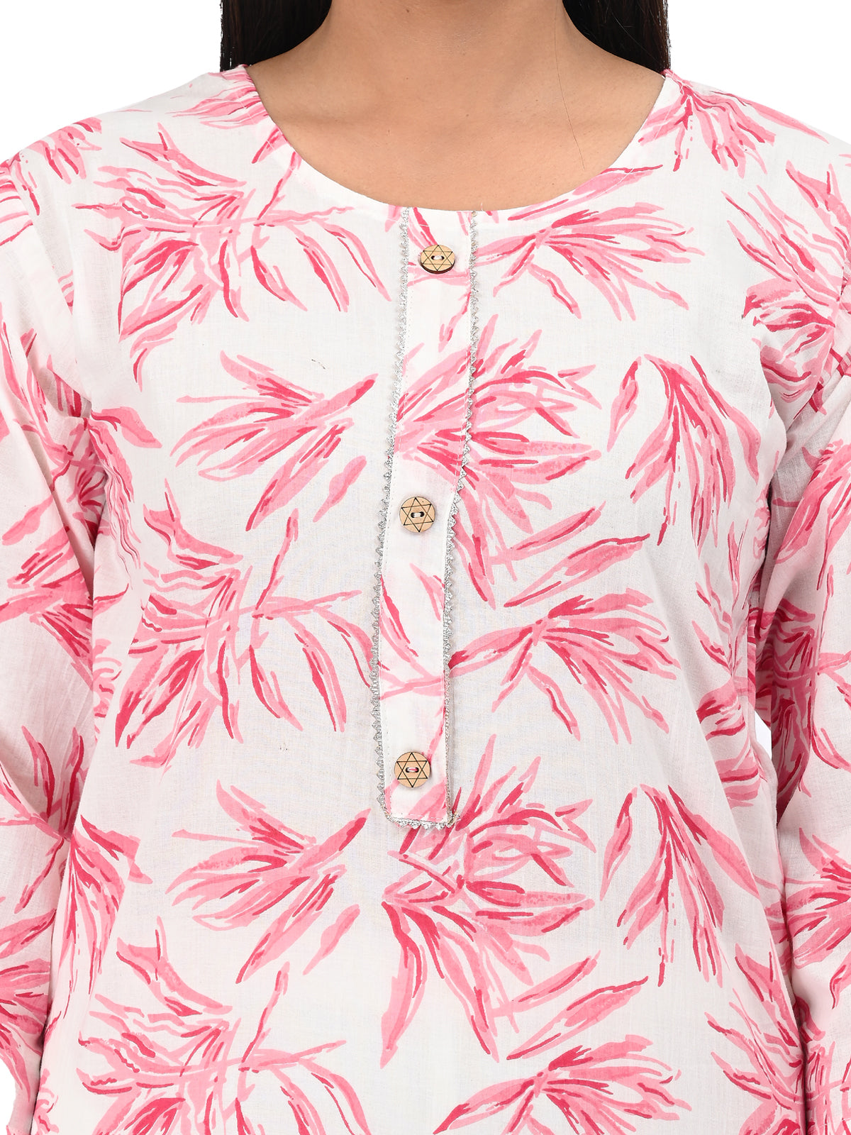 White & Pink Floral Printed Straight Kurti