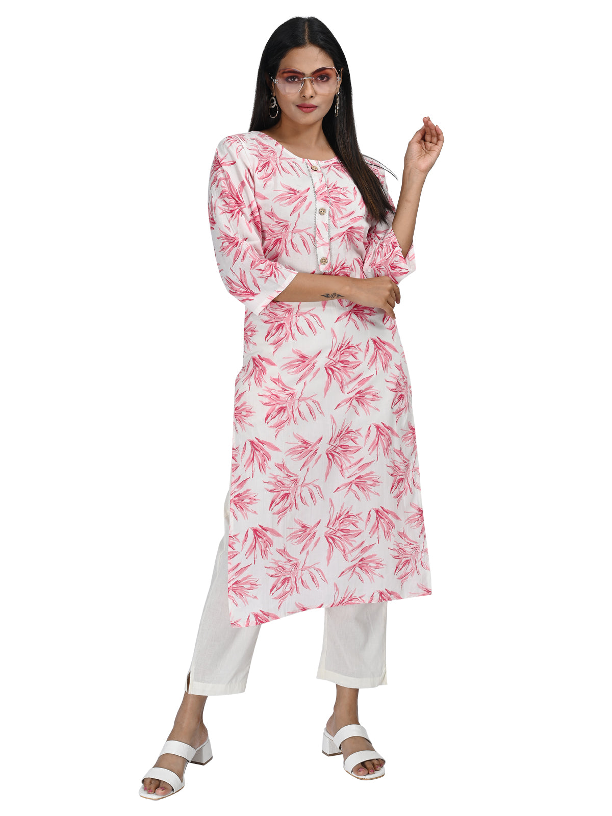 White & Pink Floral Printed Straight Kurti