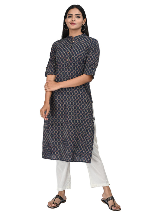 Navy Blue Printed Straight Kurti